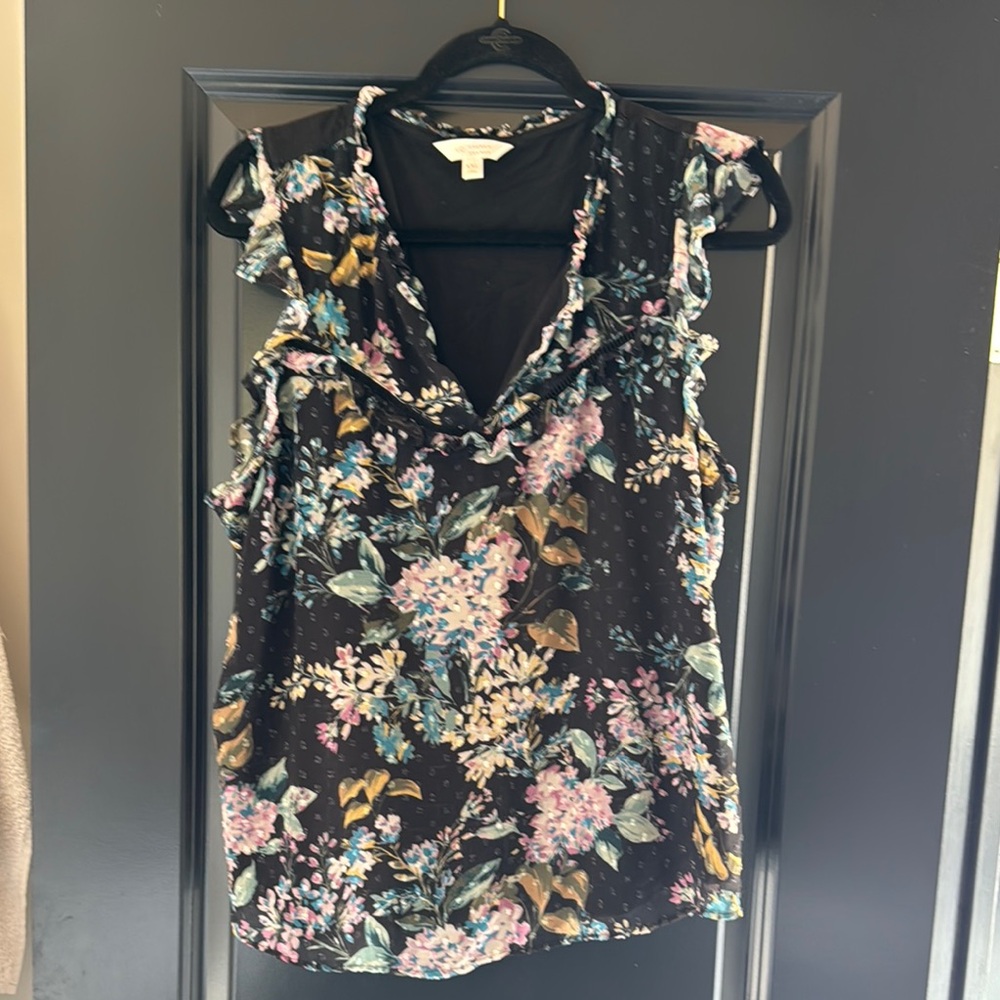 Floral Ruffle Trim Black Top